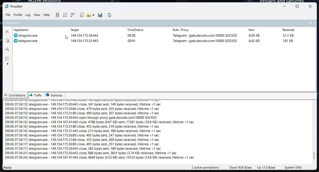 اتصالات تيليجرام عبر القاعدة والبروكسي في عرض Connections ببرنامج Proxifier