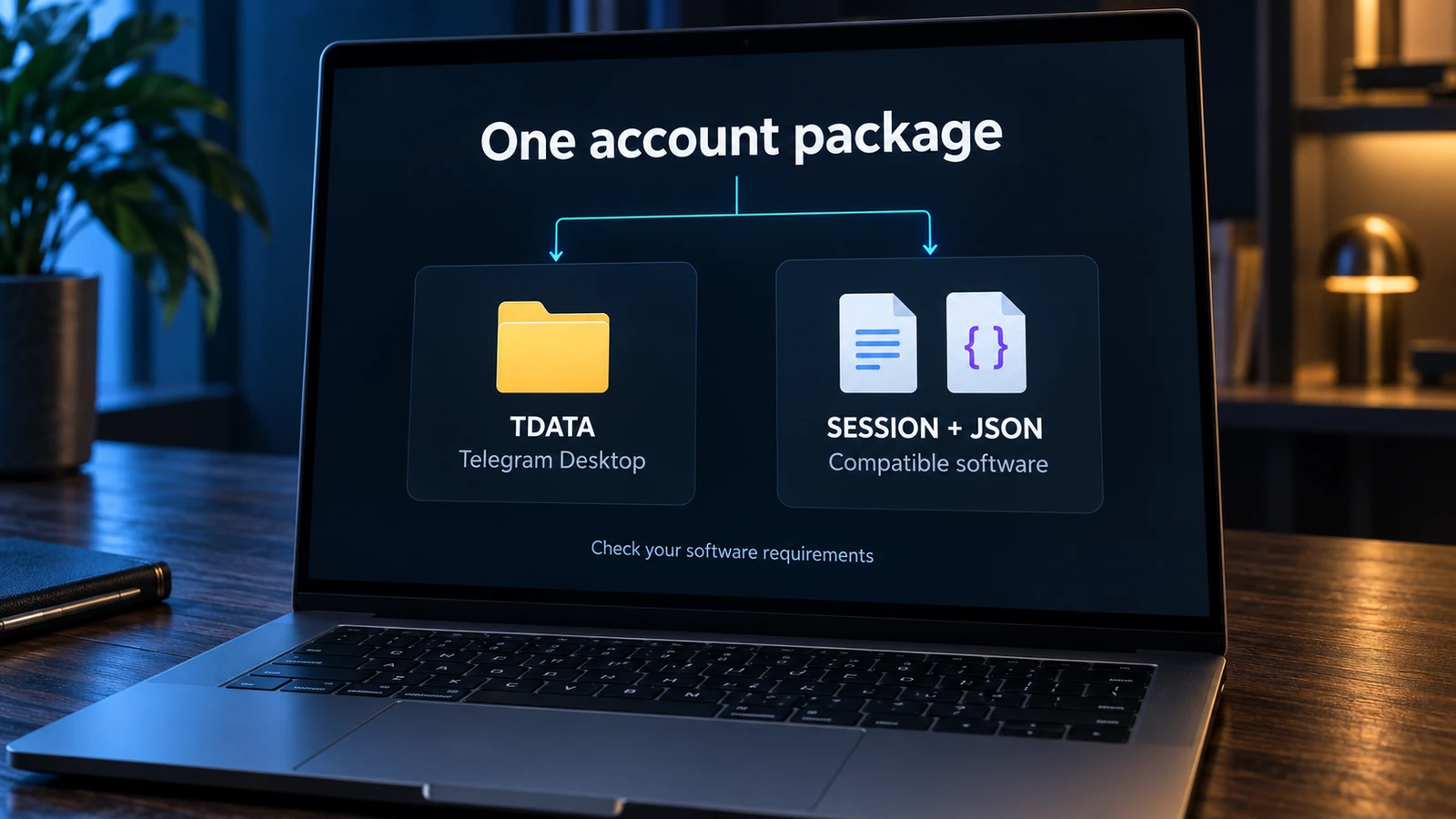 One account package branching to TDATA for Telegram Desktop and SESSION plus JSON for compatible software.