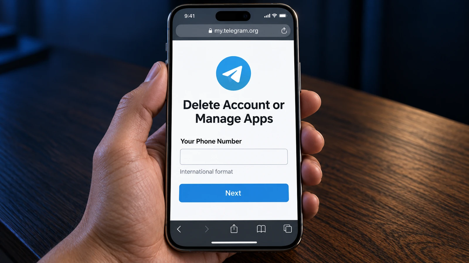 Un móvil con la página oficial de borrado de cuenta de Telegram abierta en la pantalla