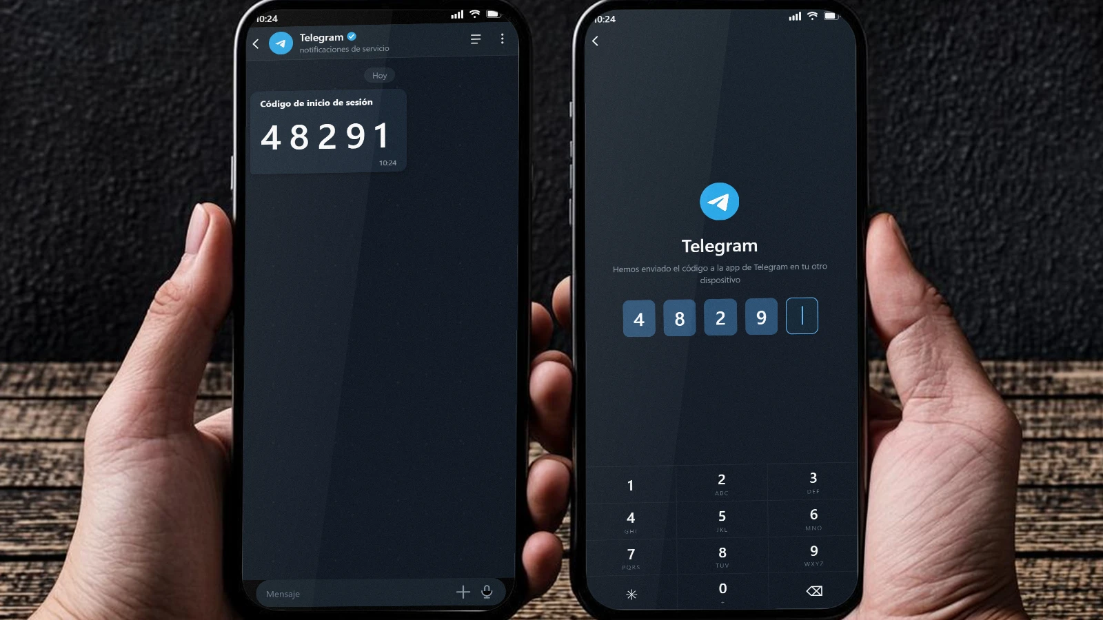 El chat de servicio de Telegram muestra el código de entrada en el teléfono antiguo; el nuevo, al lado, lo pide.