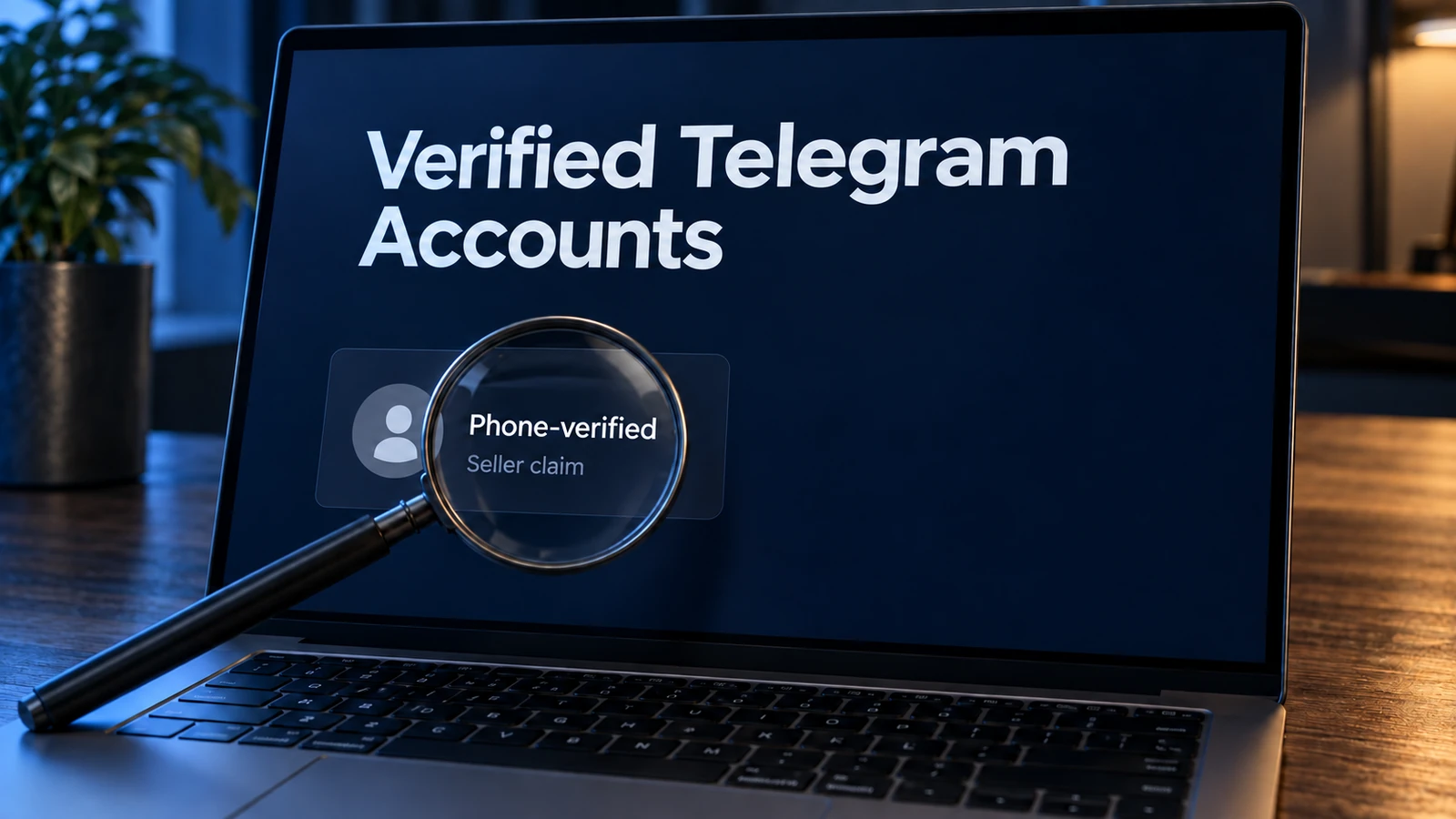 Una lupa sobre la etiqueta Phone-verified de un anuncio de cuenta de Telegram.