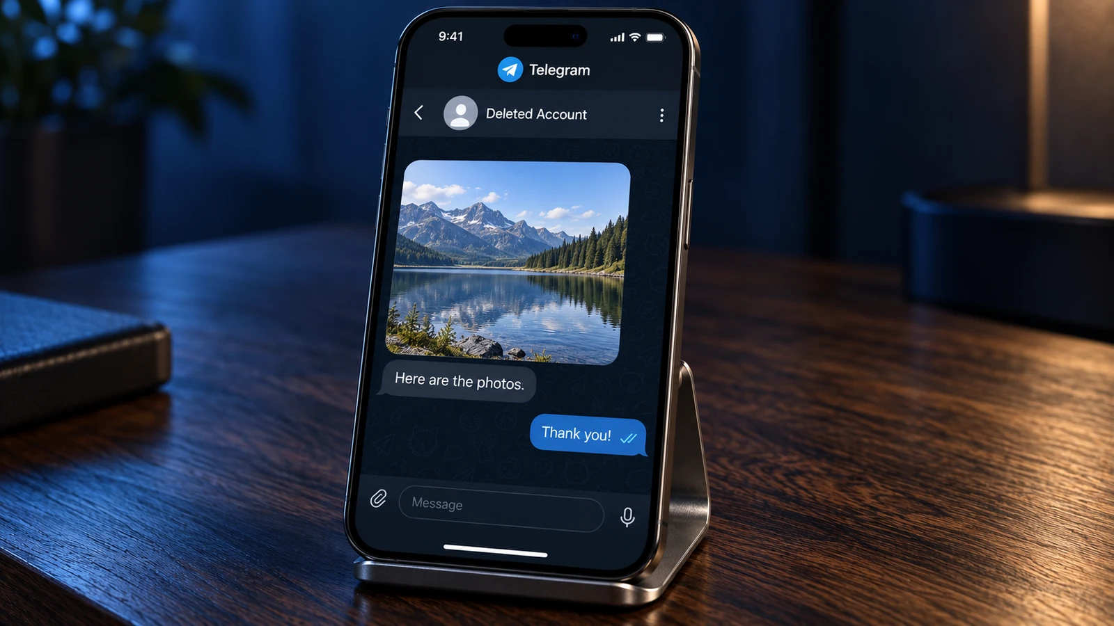 A smartphone with a surviving Telegram chat where the sender appears as Deleted Account