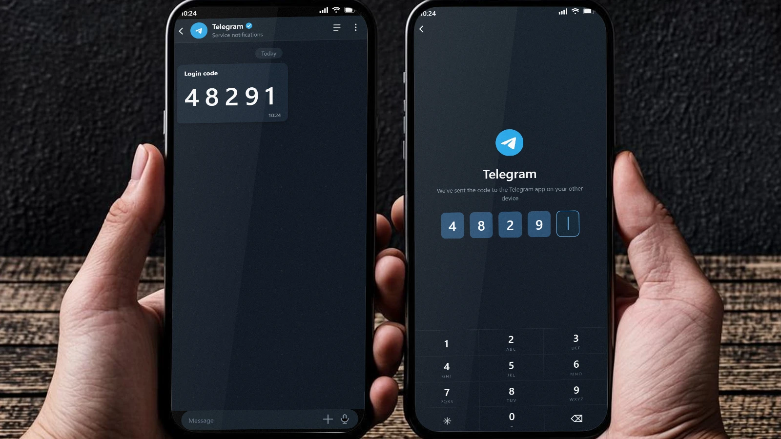 The Telegram service chat shows the login code on the old phone; the new phone next to it asks for that code.