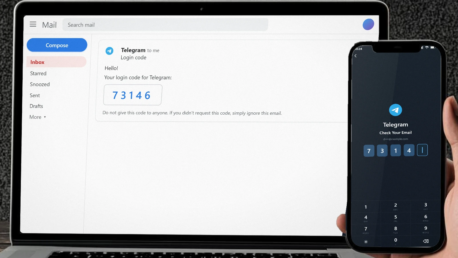 A laptop with the Telegram login-code email open, and a phone showing the screen where that code is entered.