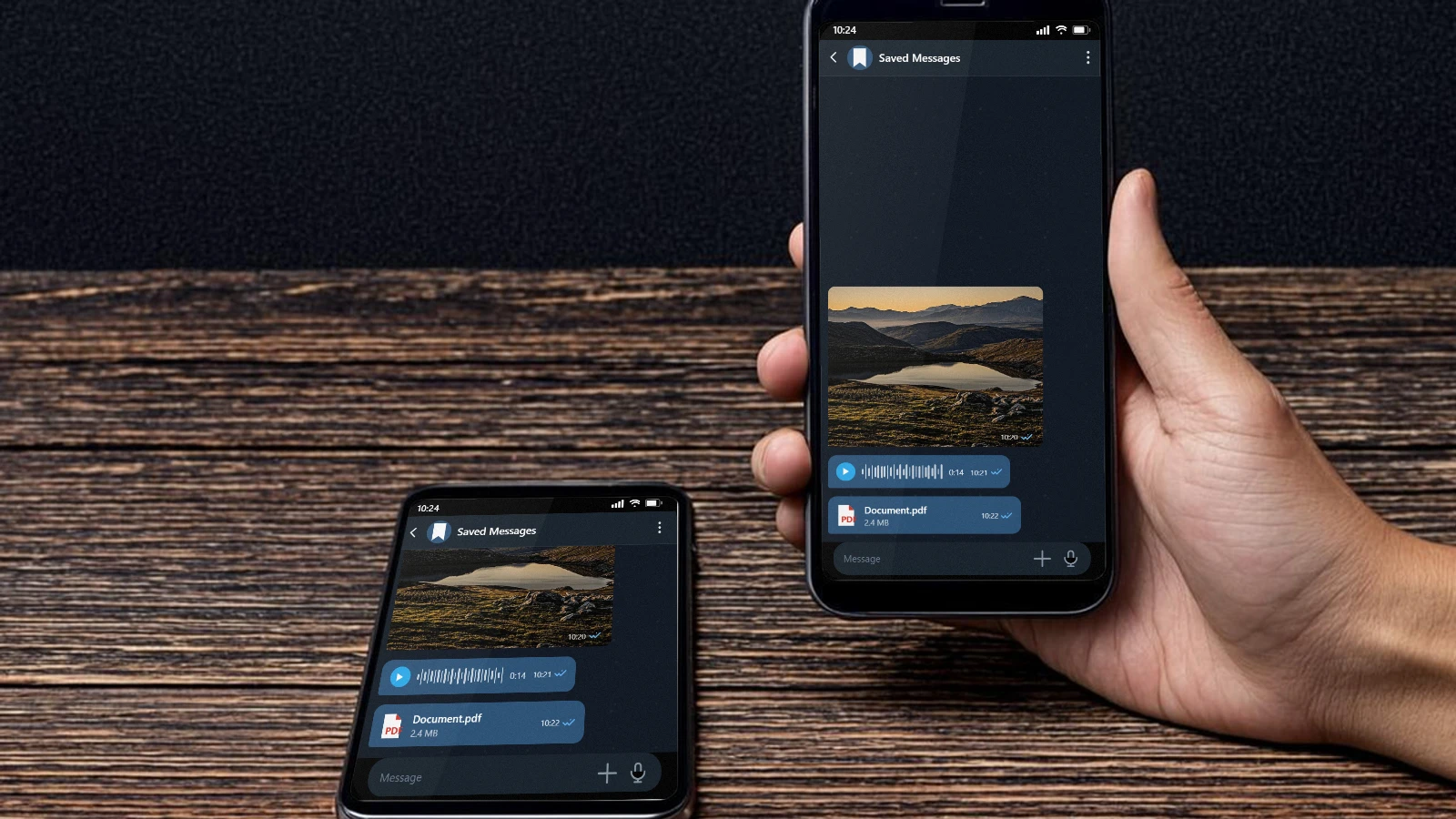 The same Saved Messages chat on two phones: a photo, a voice message and a PDF file with its size.