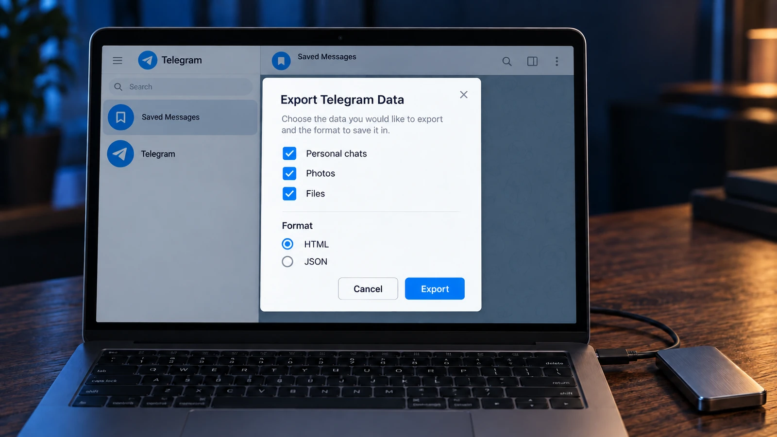 Ноутбук с окном экспорта переписки в Telegram Desktop