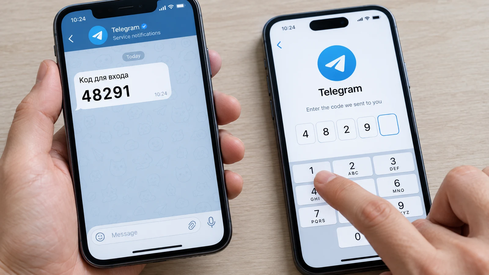 Человек читает код входа в Telegram на старом телефоне и вводит те же цифры на новом.