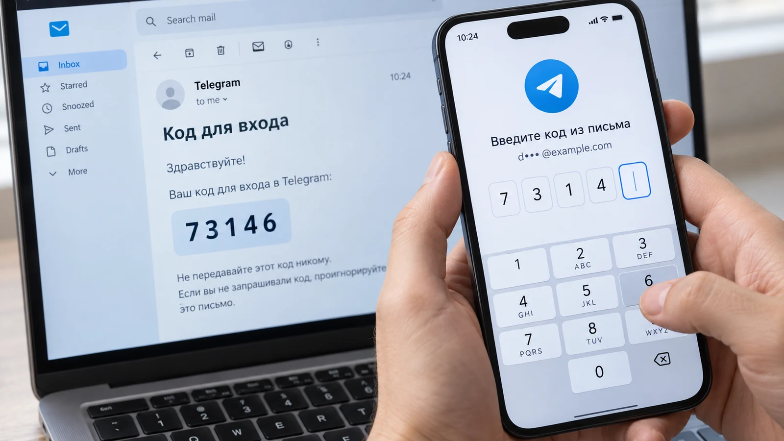 Письмо с кодом Telegram открыто на ноутбуке; полученный код вводят в приложении на новом телефоне.