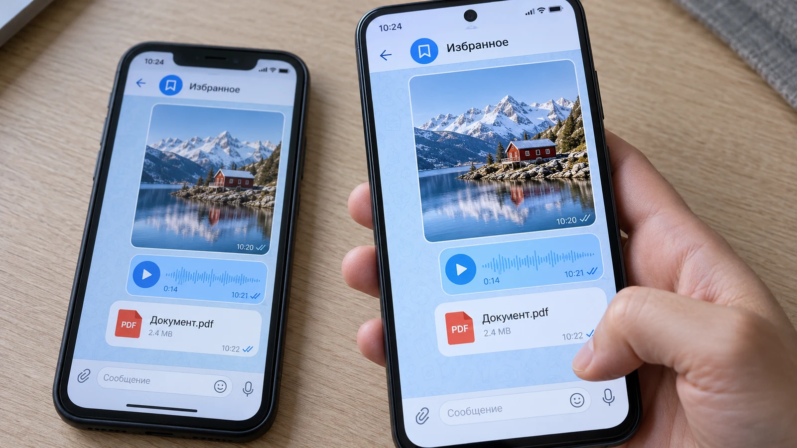 На старом и новом телефонах открыто одно и то же «Избранное» Telegram с фотографией, голосовым сообщением и документом.