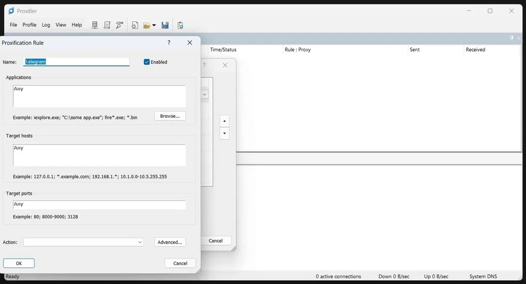 The Proxifier rule for Telegram.exe with the proxy in the Action field