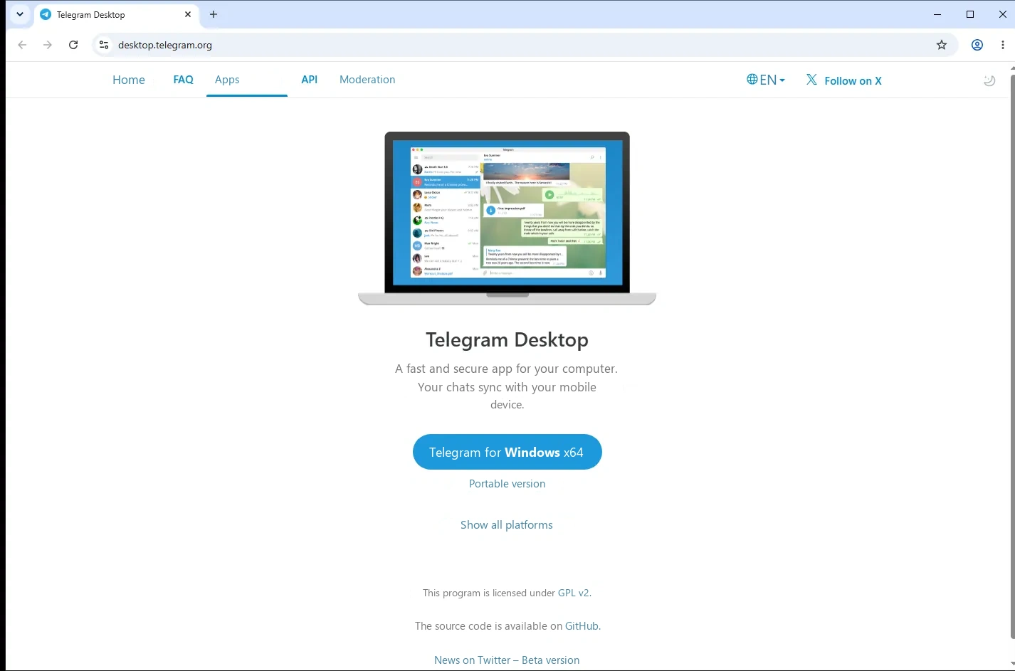 The official Telegram Desktop download page with the Portable version link