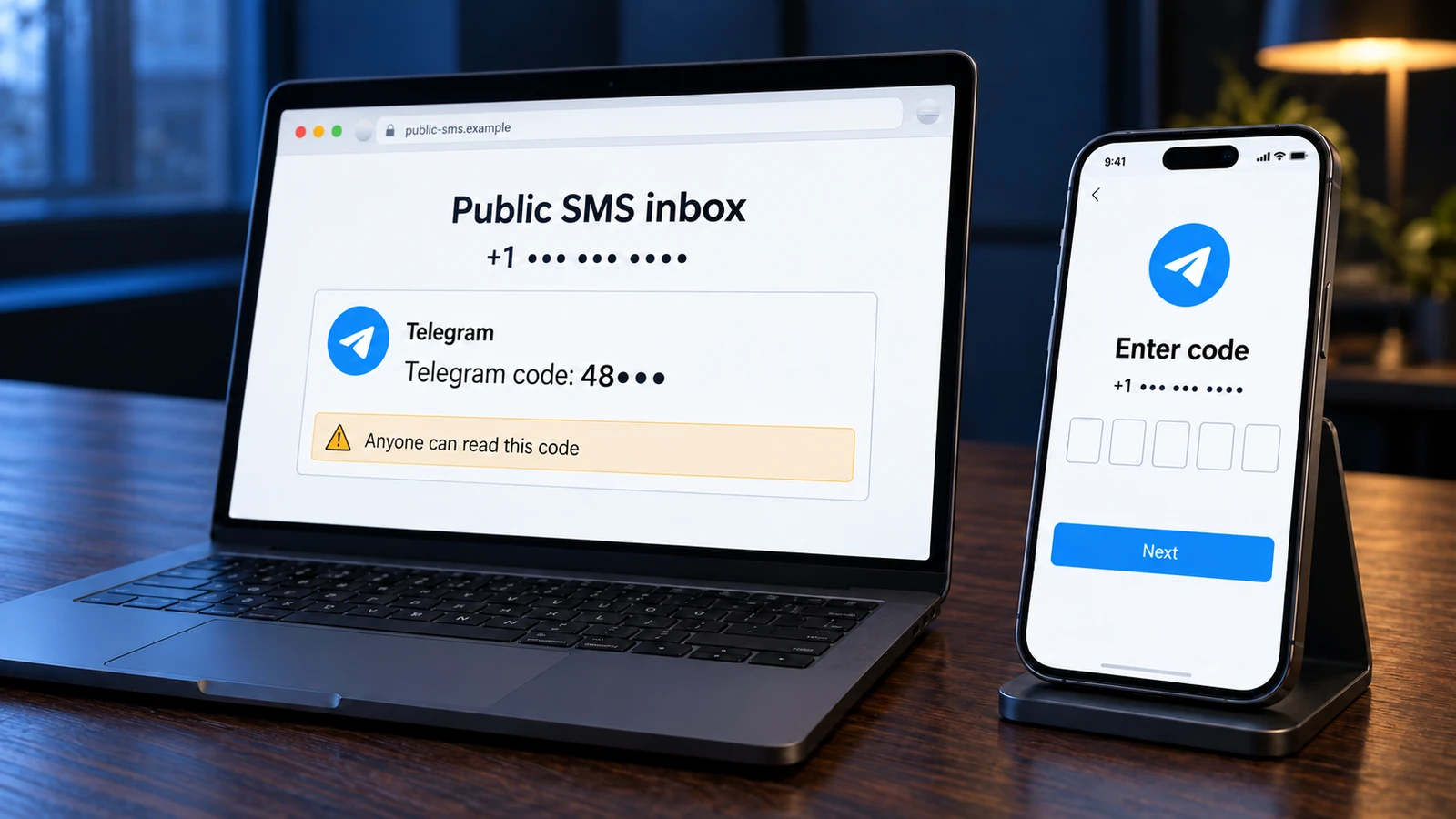 Un buzón público de SMS muestra un código de Telegram junto a un móvil que solicita ese código