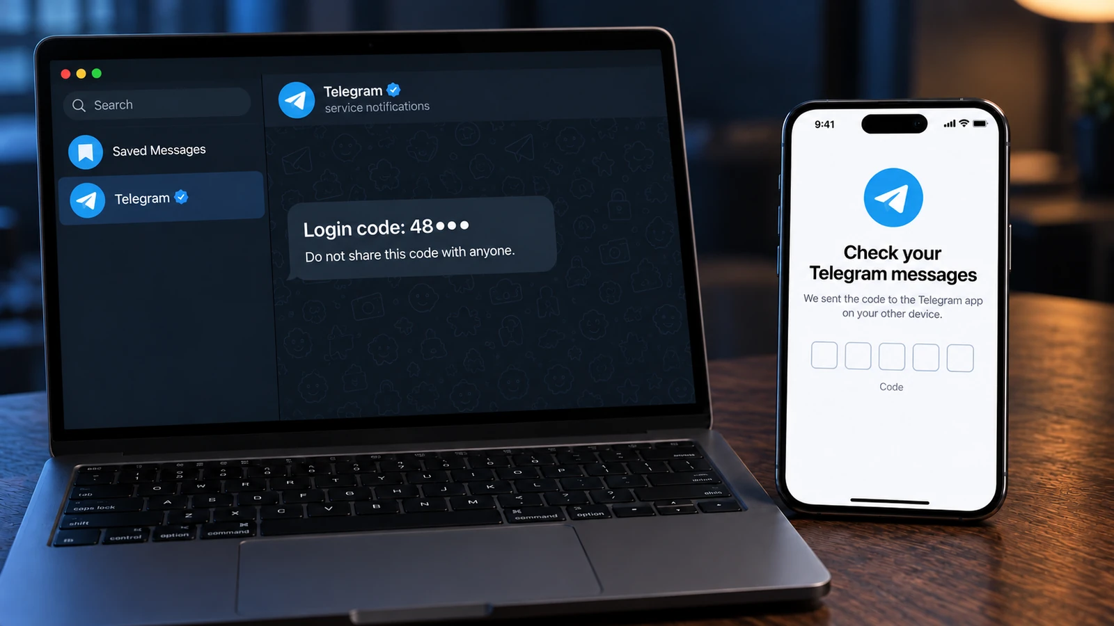 Telegram Desktop shows a login code while a smartphone waits for the code from the existing session