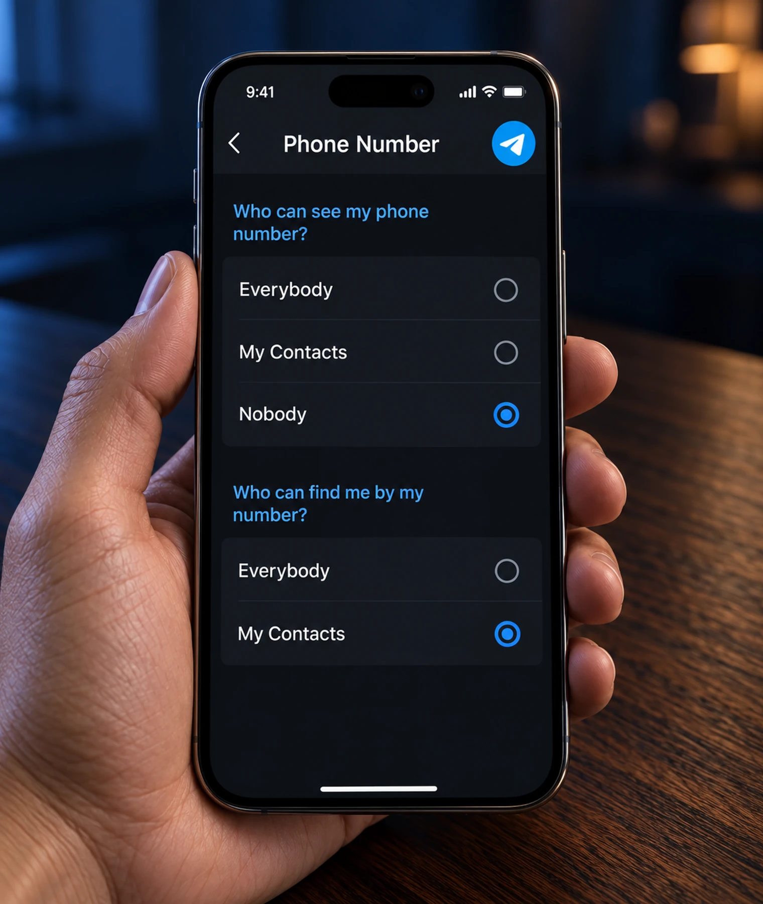 Telegram phone privacy settings with Nobody and My Contacts selected