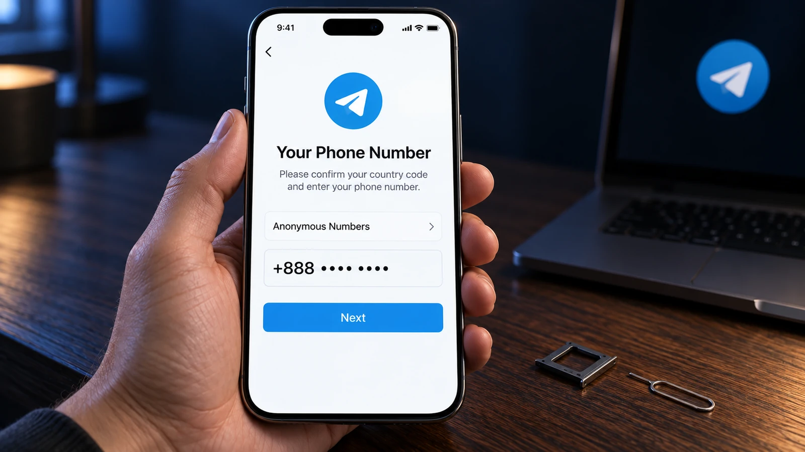 Telegram without your own phone number: a +888 sign-in screen beside an empty SIM tray